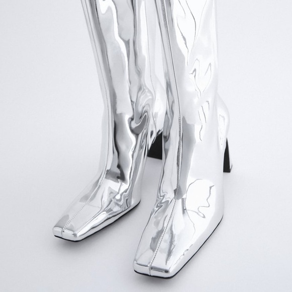 NEW Zara Metallic Heeled Leather Boots - Picture 4 of 10